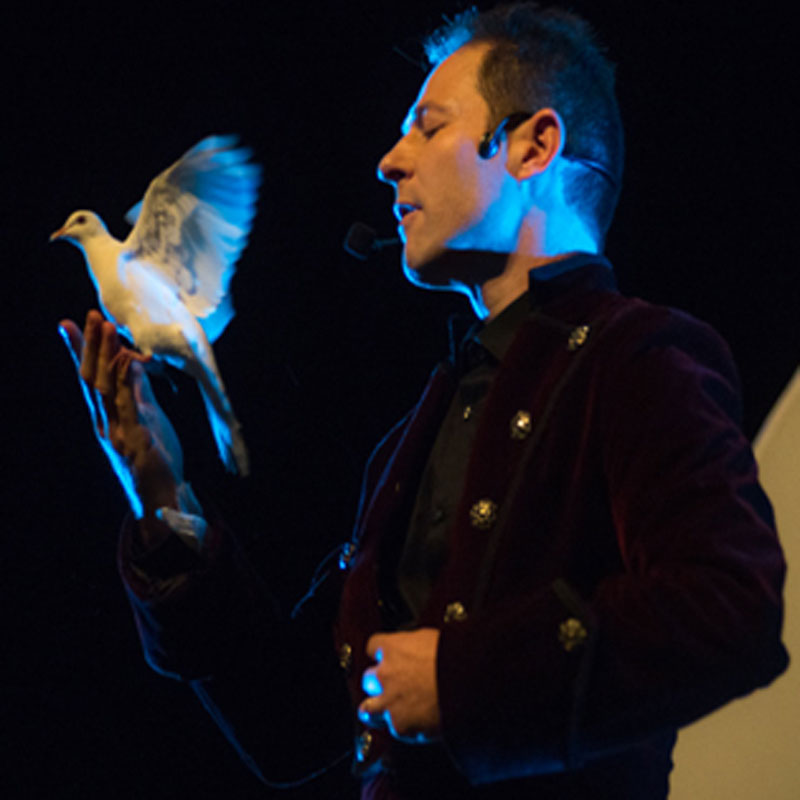  Un artiste faisant son numéro d'oiseaux , avec enthousiasme dans cette salle lumineuse de Dardilly.  Anim'Magic Magicien Lyon. 